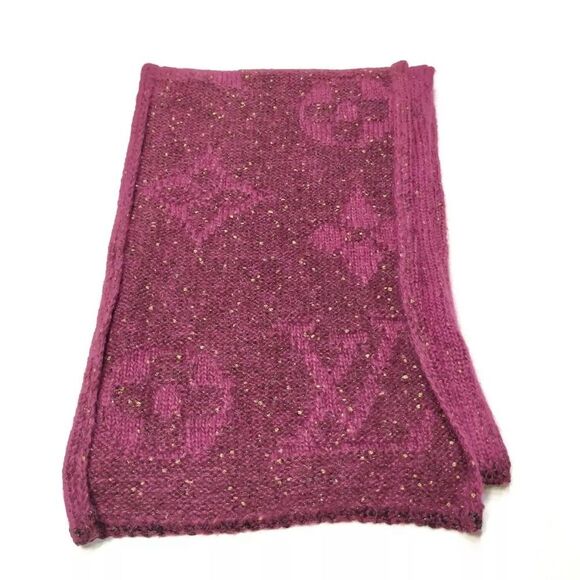 Auth Louis Vuitton Burgundy Mohair LV Monogram Sunset Stole Muffler Scarf Ex++ - Picture 4 of 9